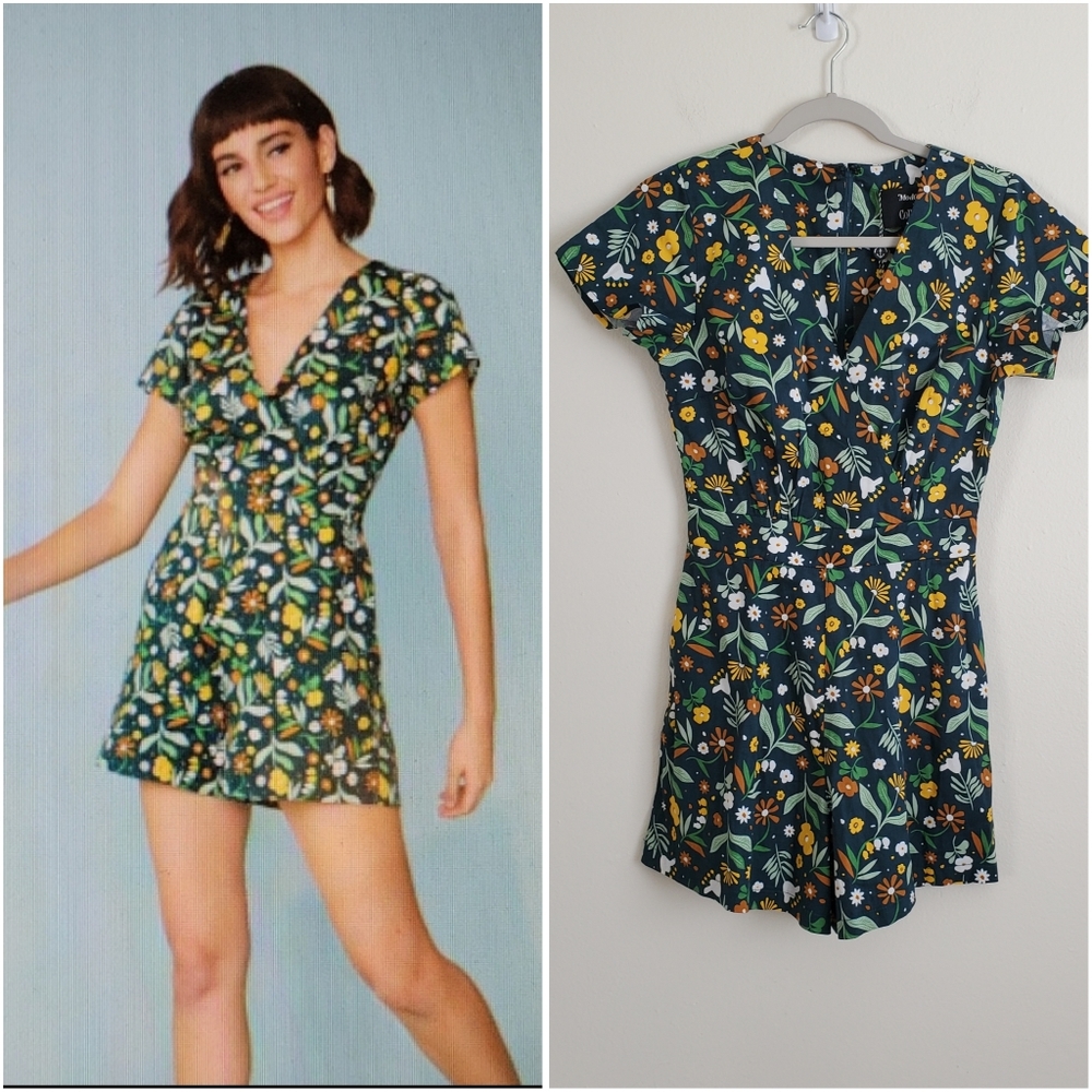 Modcloth Collectif Theresa Meadow Green Floral Playsuit Romper Size 4 XS